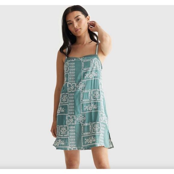 NEW Lucky Brand Green Eyelet Tank Dress  Embroidered Green Square Neck Small - Picture 1 of 8